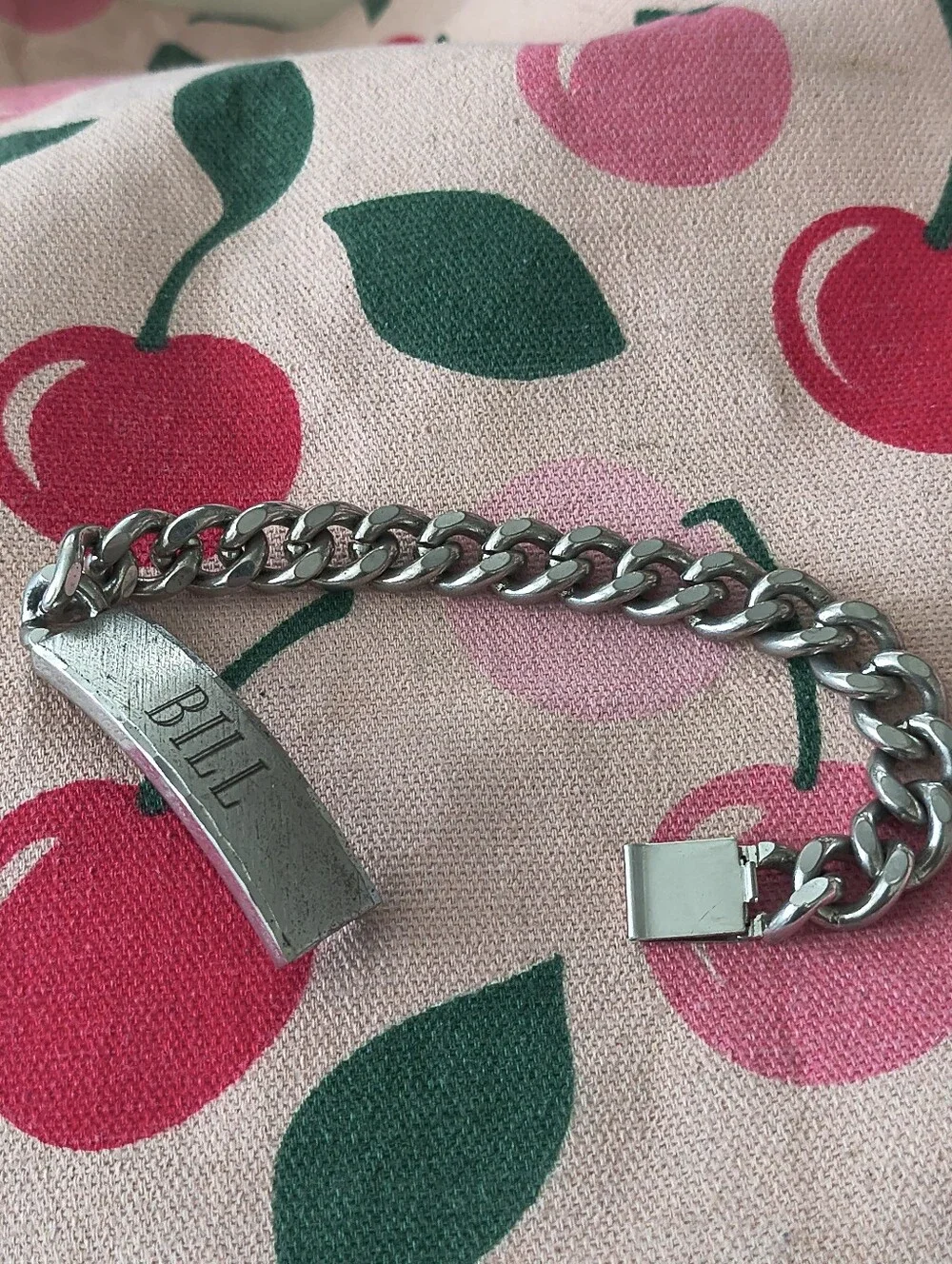 Men's Sterling Silver And Stainless Steel 'Bill' Name ID Bracelet. Estate Find